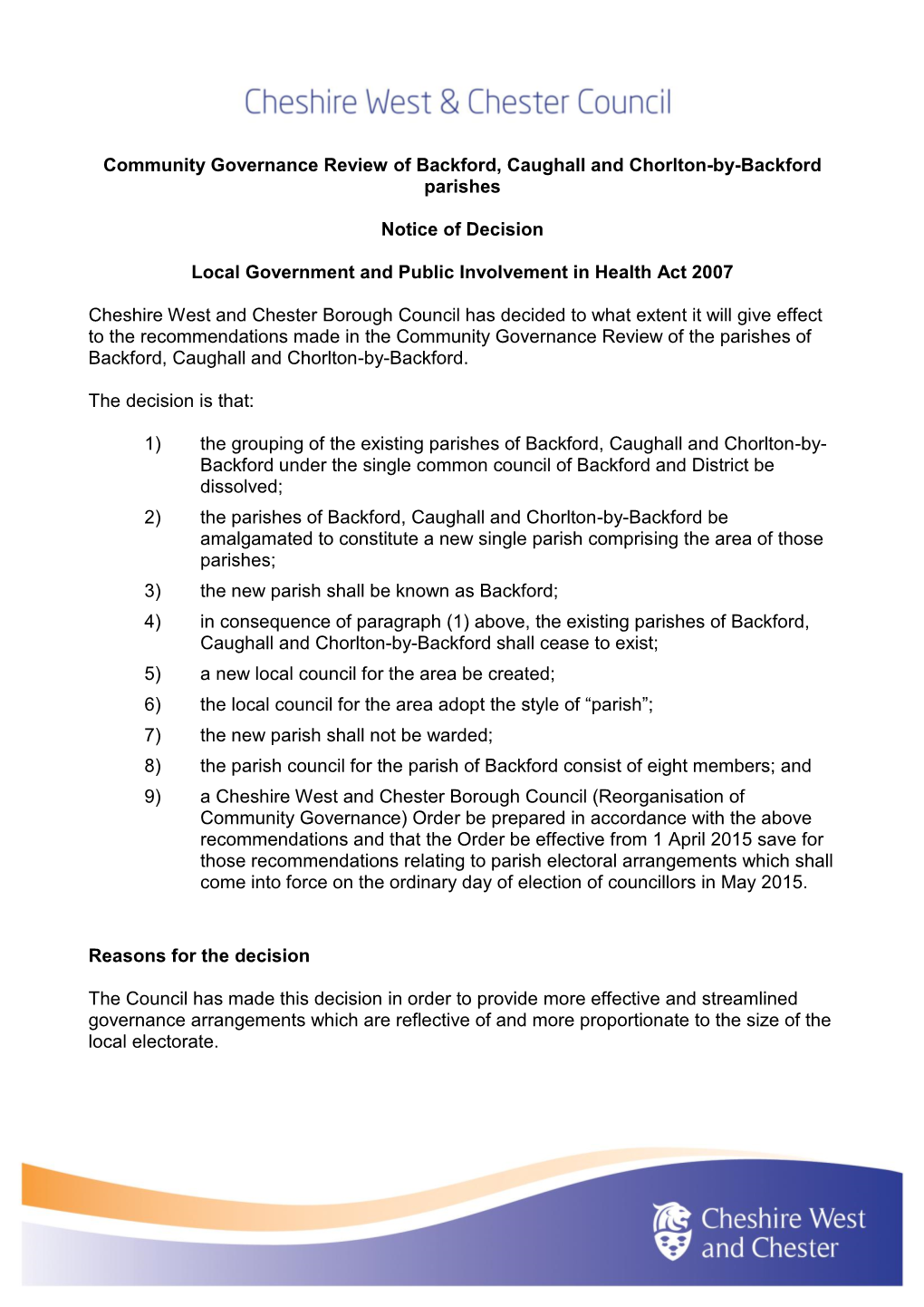 Backford, Caughall and Chorlton-By-Backford Notice