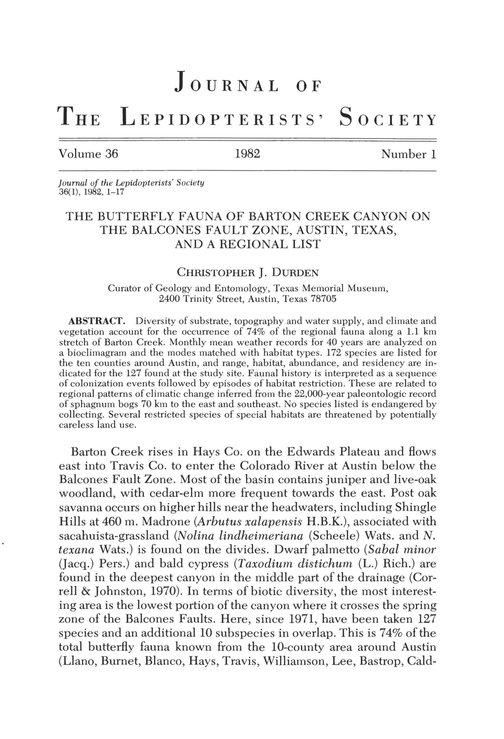 The Butterfly Fauna of Barton Creek Canyon on the Balcones Fault Zone, Austin, Texas, and a Regional List