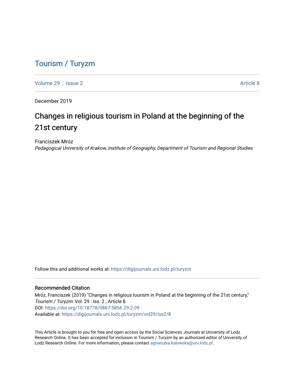 Changes in Religious Tourism in Poland at the Beginning of the 21St Century