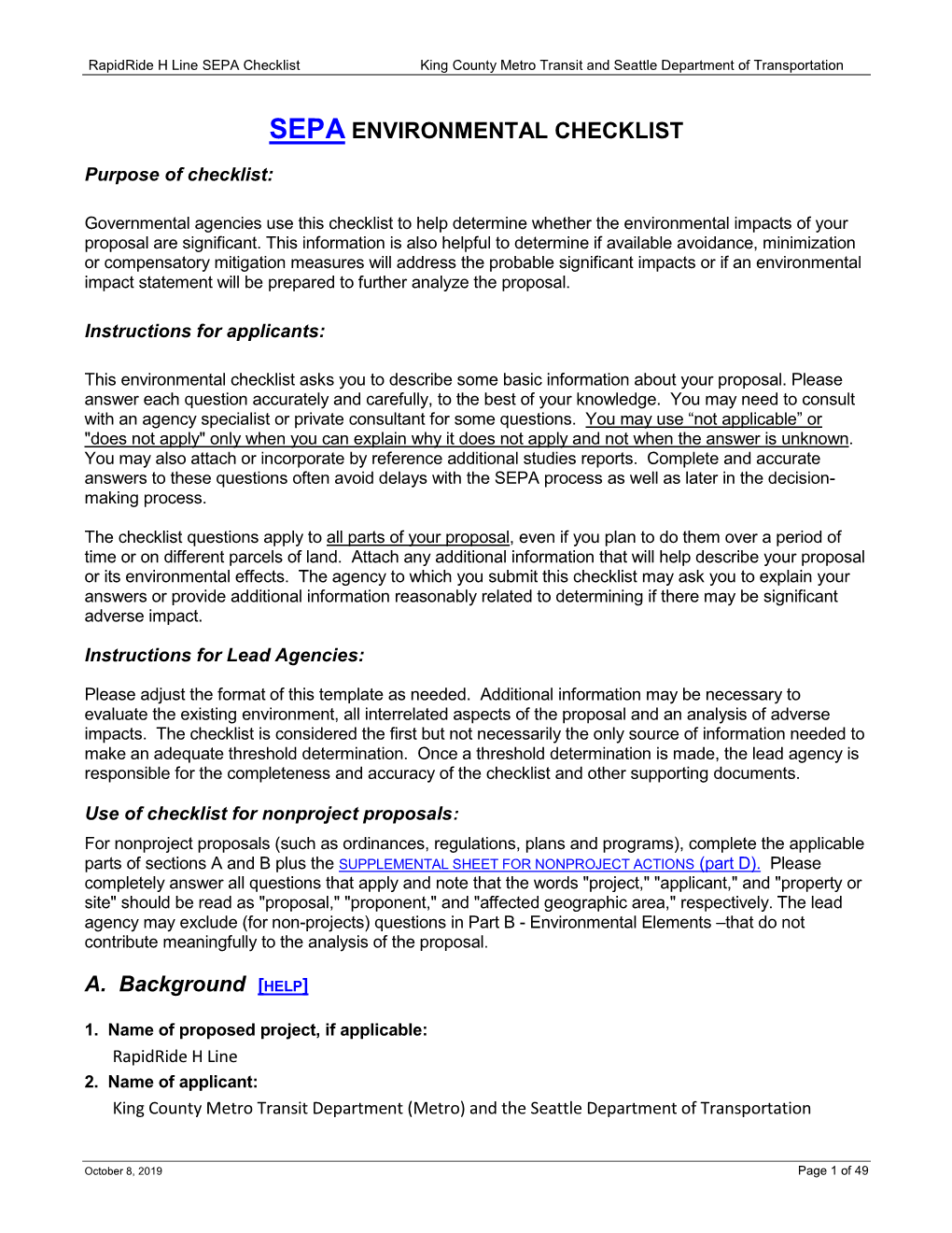 SEPA ENVIRONMENTAL CHECKLIST A. Background [HELP]