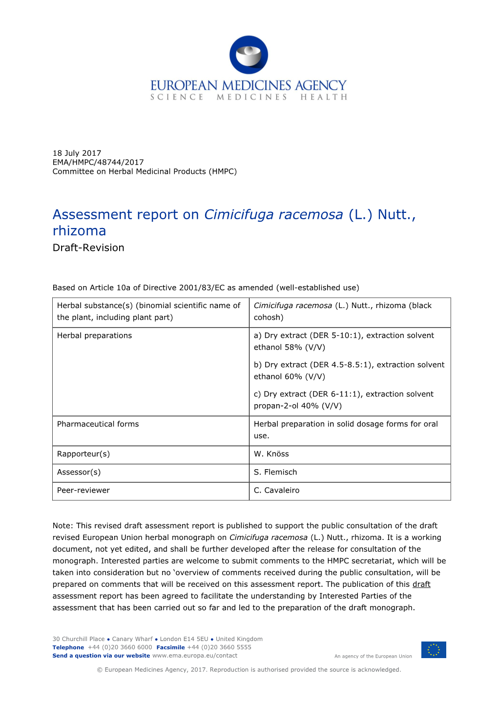 Assessment Report on Cimicifuga Racemosa (L.) Nutt., Rhizoma Draft-Revision