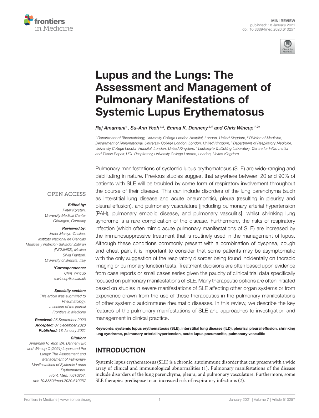 The Assessment and Management of Pulmonary Manifestations of Systemic Lupus Erythematosus