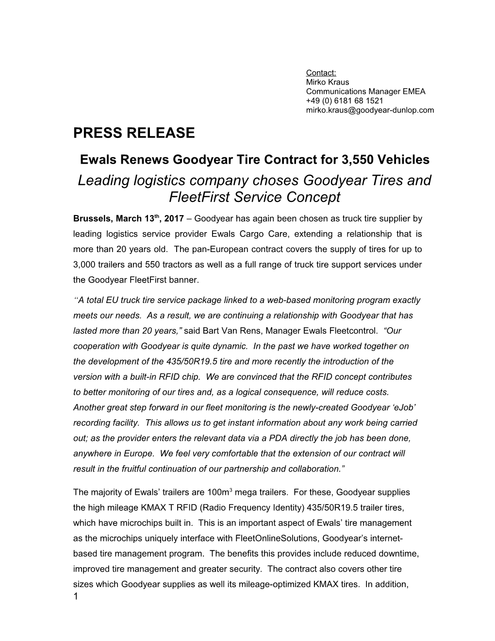 Ewals Renews Goodyear Tire Contract for 3,550 Vehicles