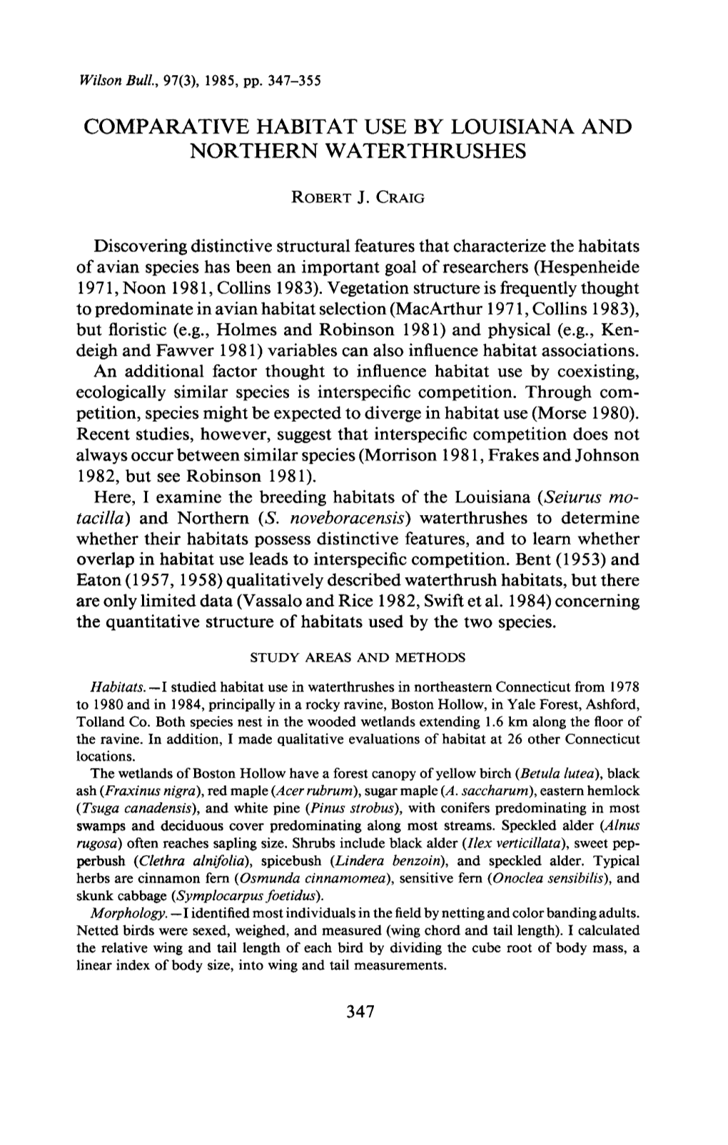 Comparative Habitat Use by Louisiana and Northern Waterthrushes