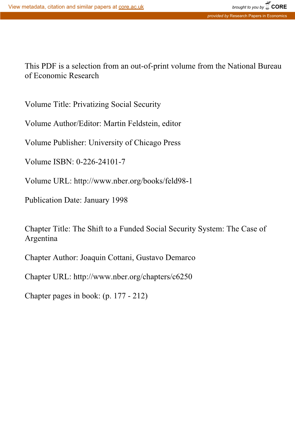 The Shift to a Funded Social Security System: the Case of Argentina