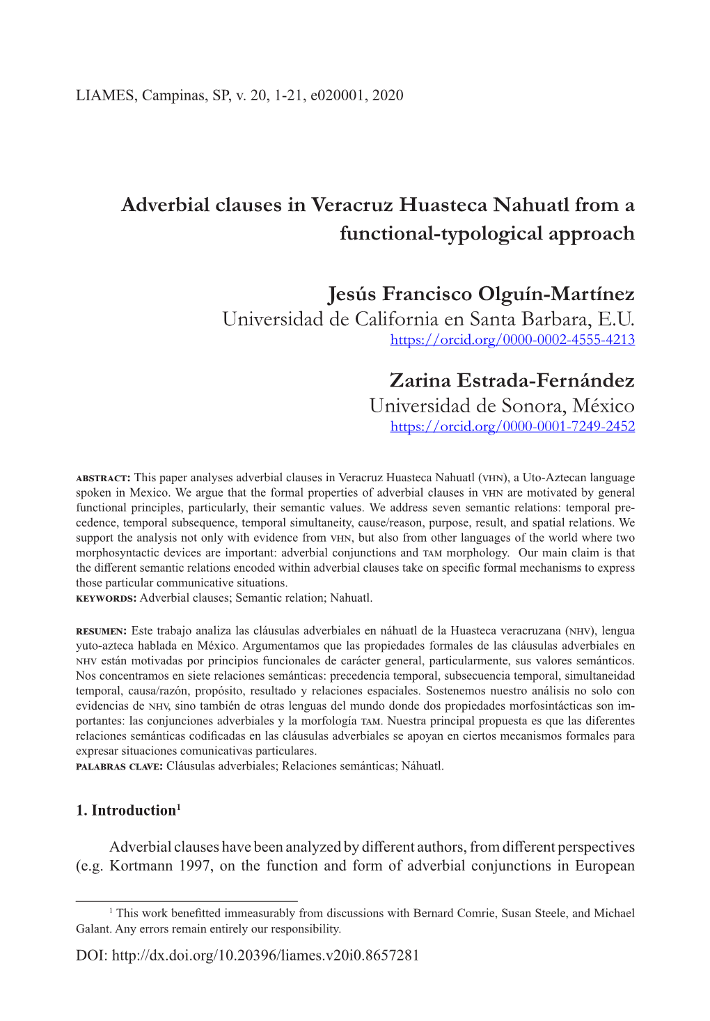 Adverbial Clauses in Veracruz Huasteca Nahuatl from a Functional-Typological Approach
