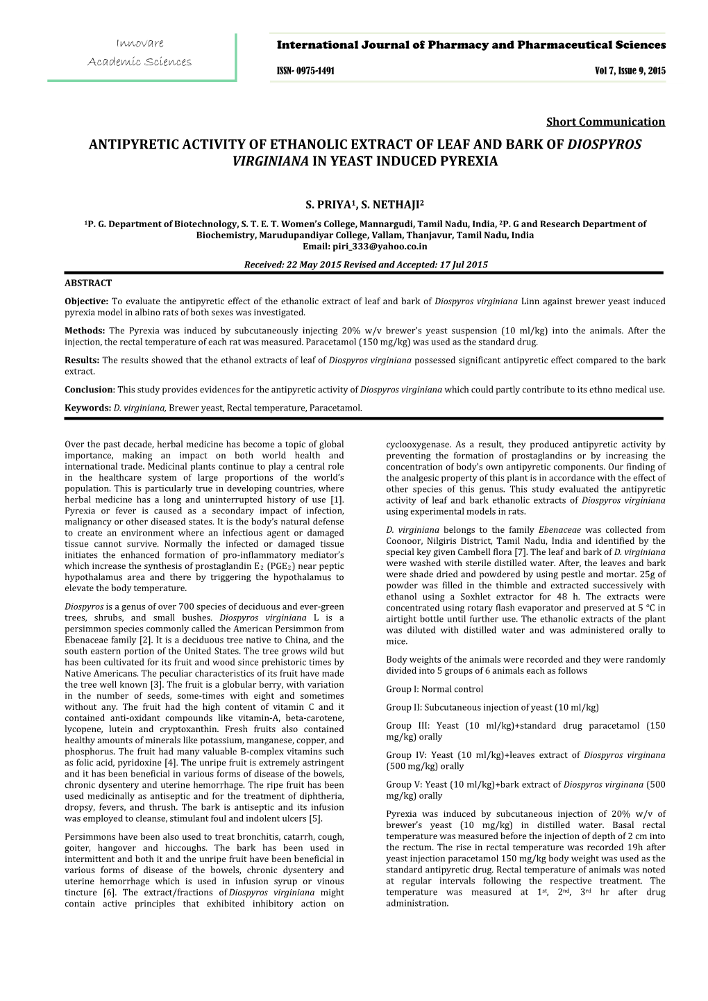 Antipyretic Activity of Ethanolic Extract of Leaf and Bark of Diospyros Virginiana in Yeast Induced Pyrexia