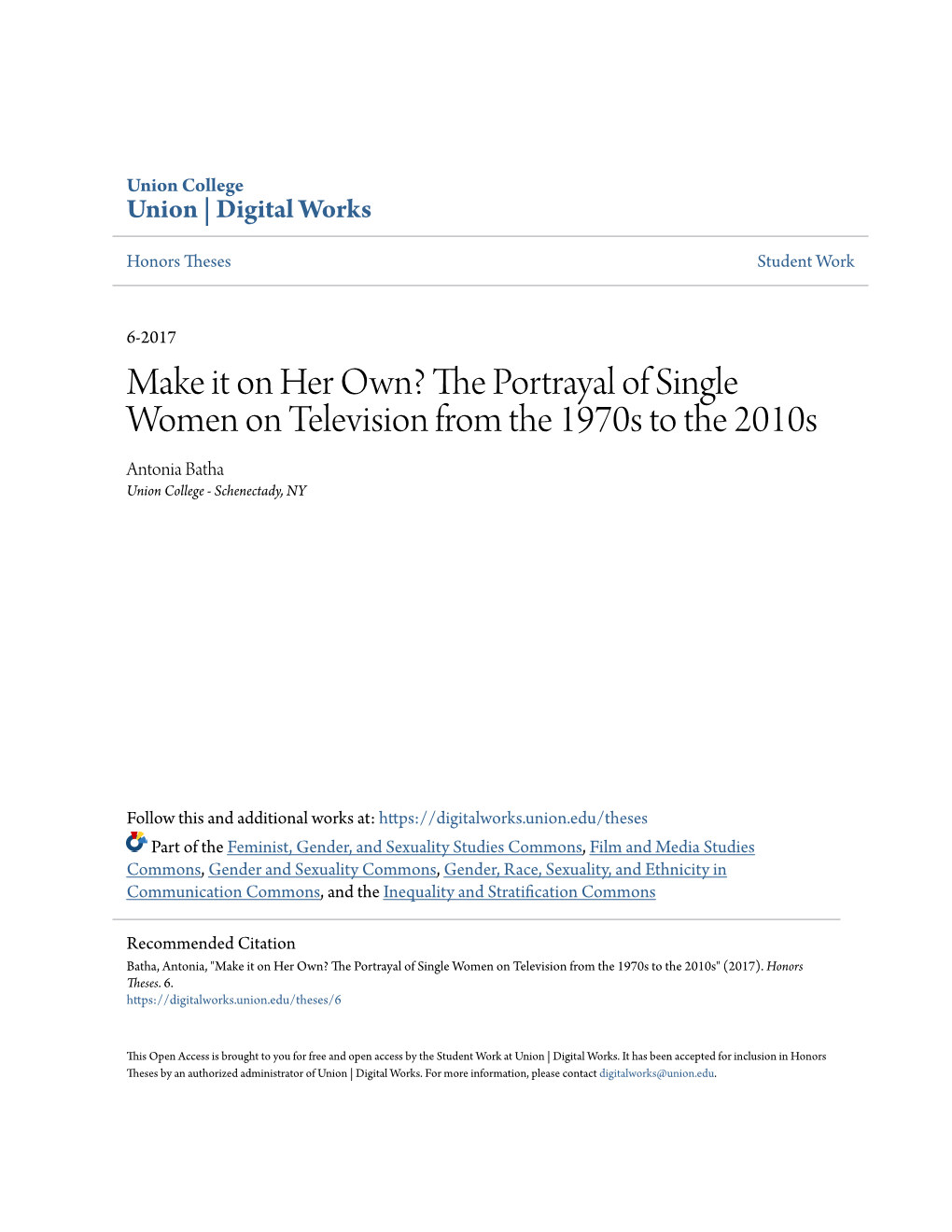 Make It on Her Own? the Portrayal of Single Women on Television from the 1970S to the 2010S