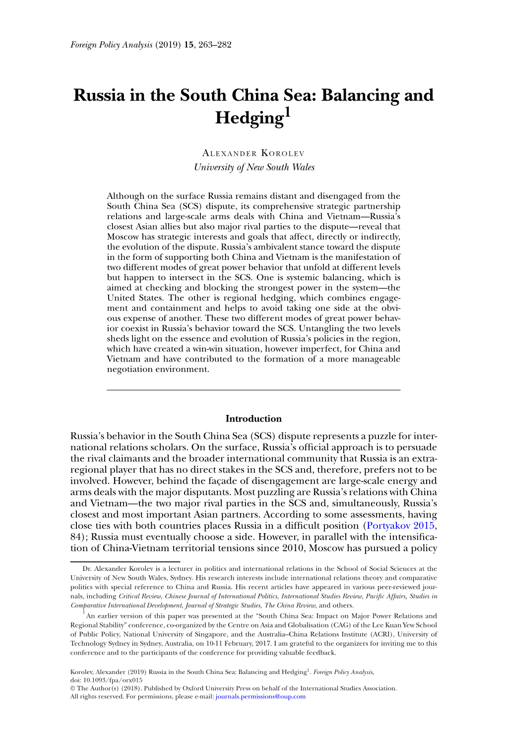 Russia in the South China Sea: Balancing and Hedging1