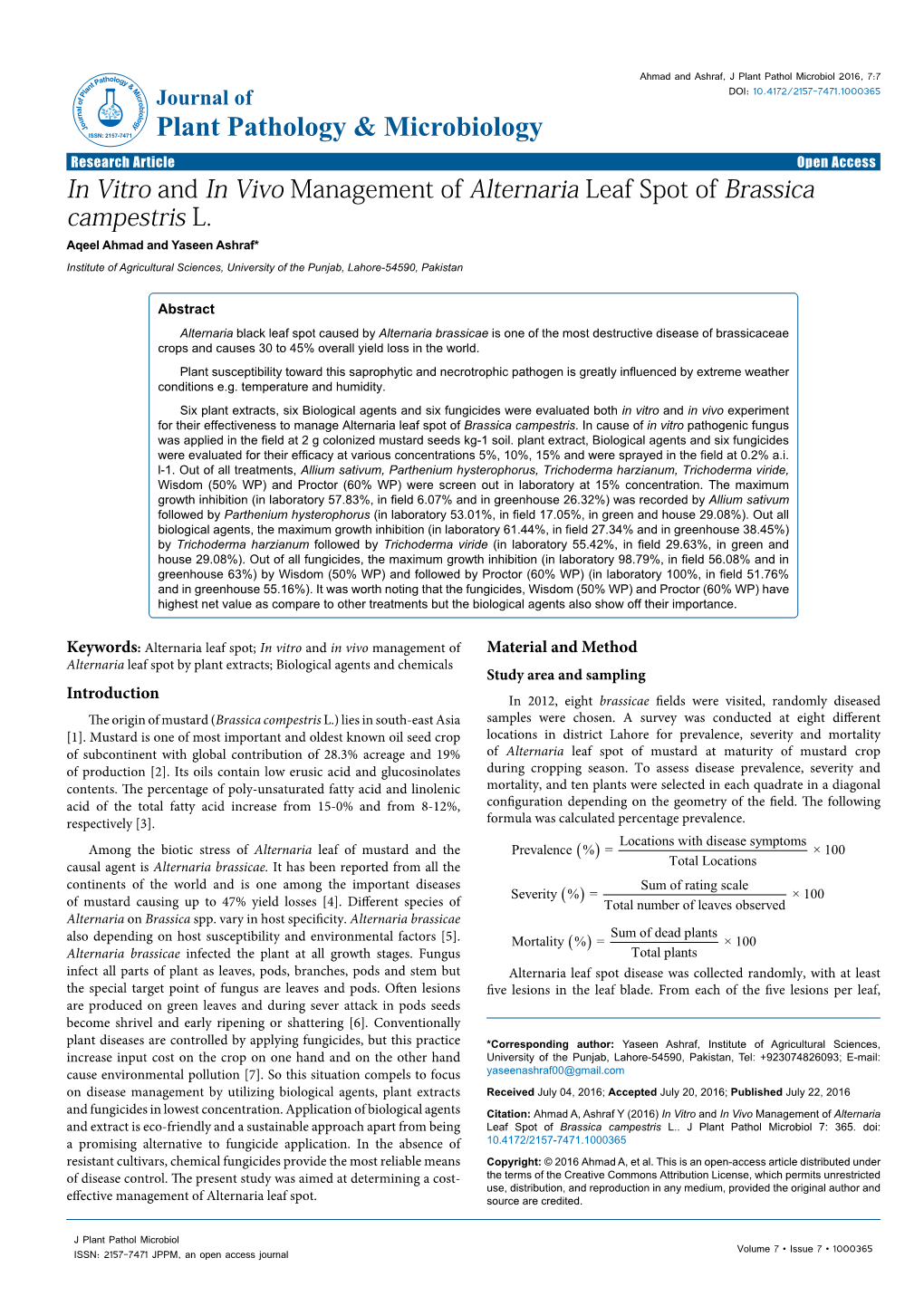 In Vitro and in Vivo Management of Alternaria Leaf Spot of Brassica Campestris L