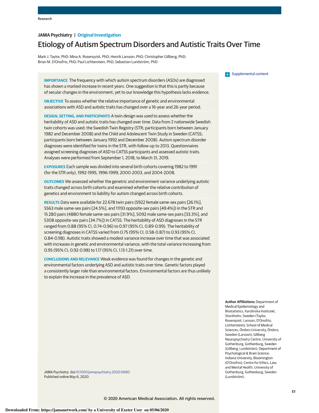 Etiology of Autism Spectrum Disorders and Autistic Traits Over Time