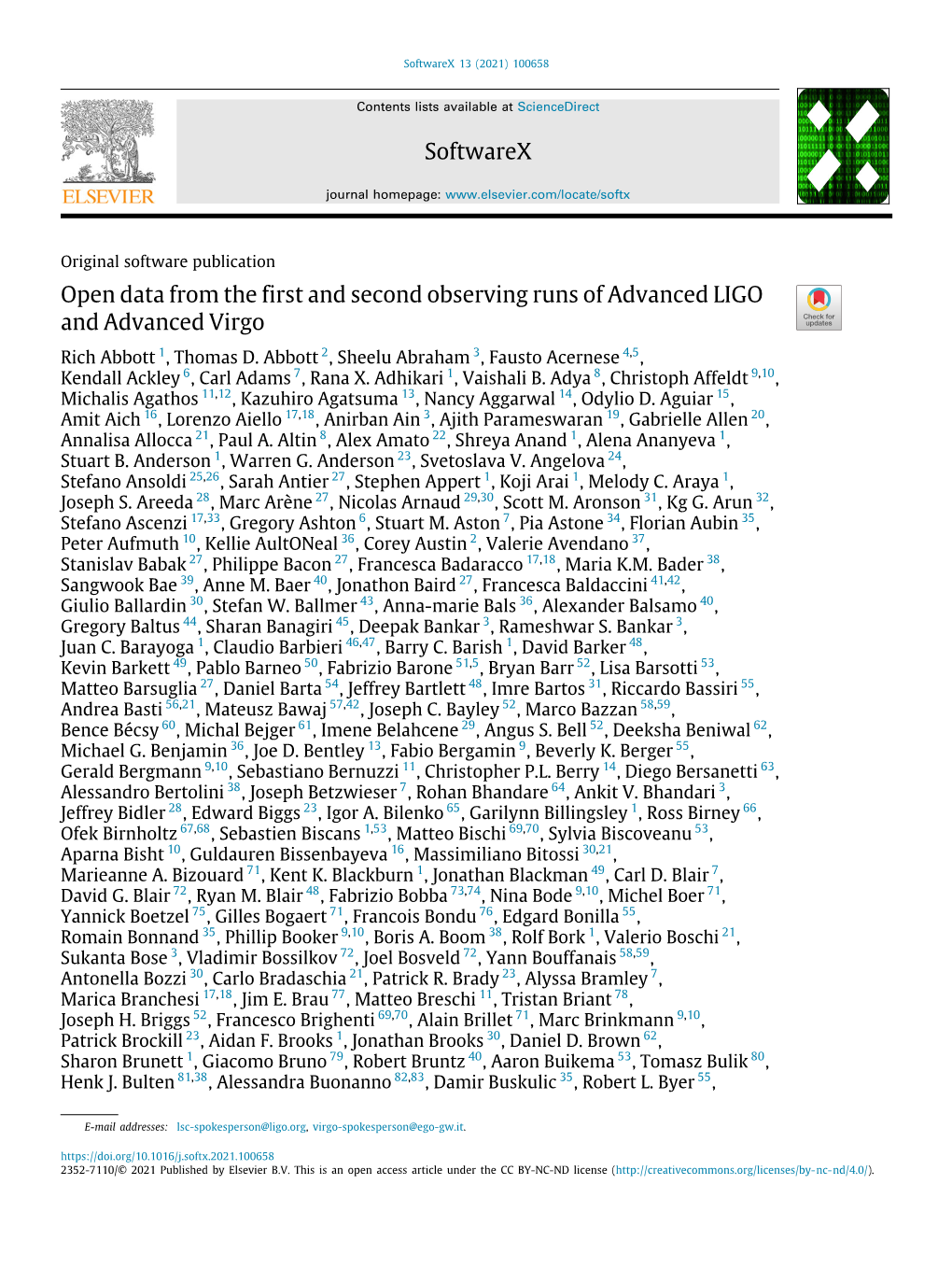 Softwarex Open Data from the First and Second Observing Runs of Advanced LIGO and Advanced Virgo