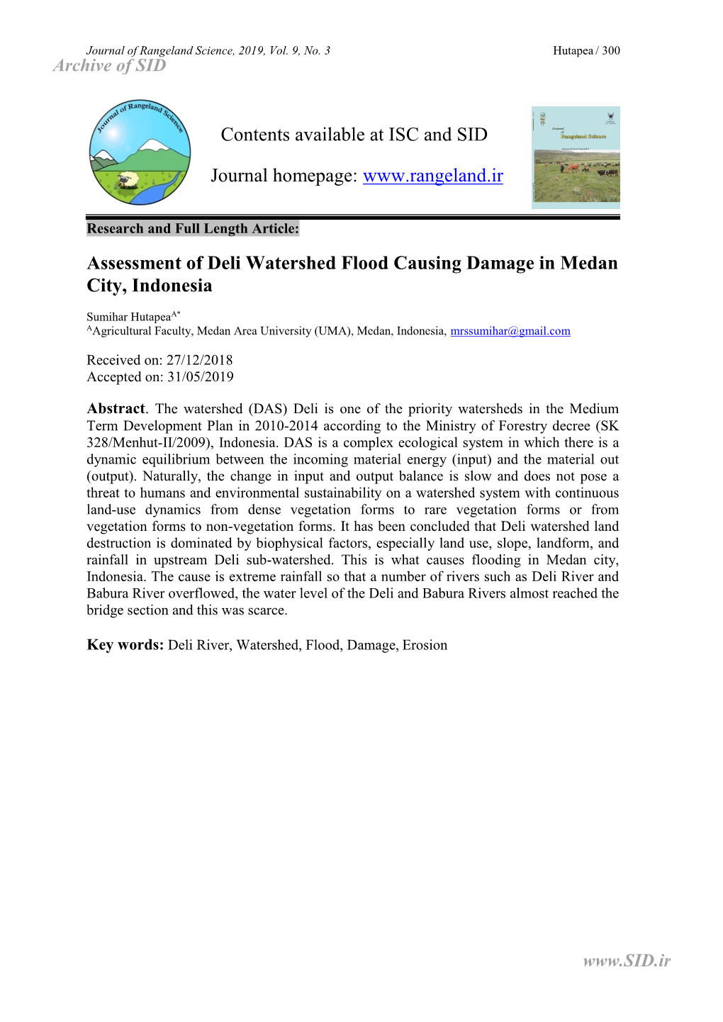 Assessment of Deli Watershed Flood Causing Damage in Medan City, Indonesia