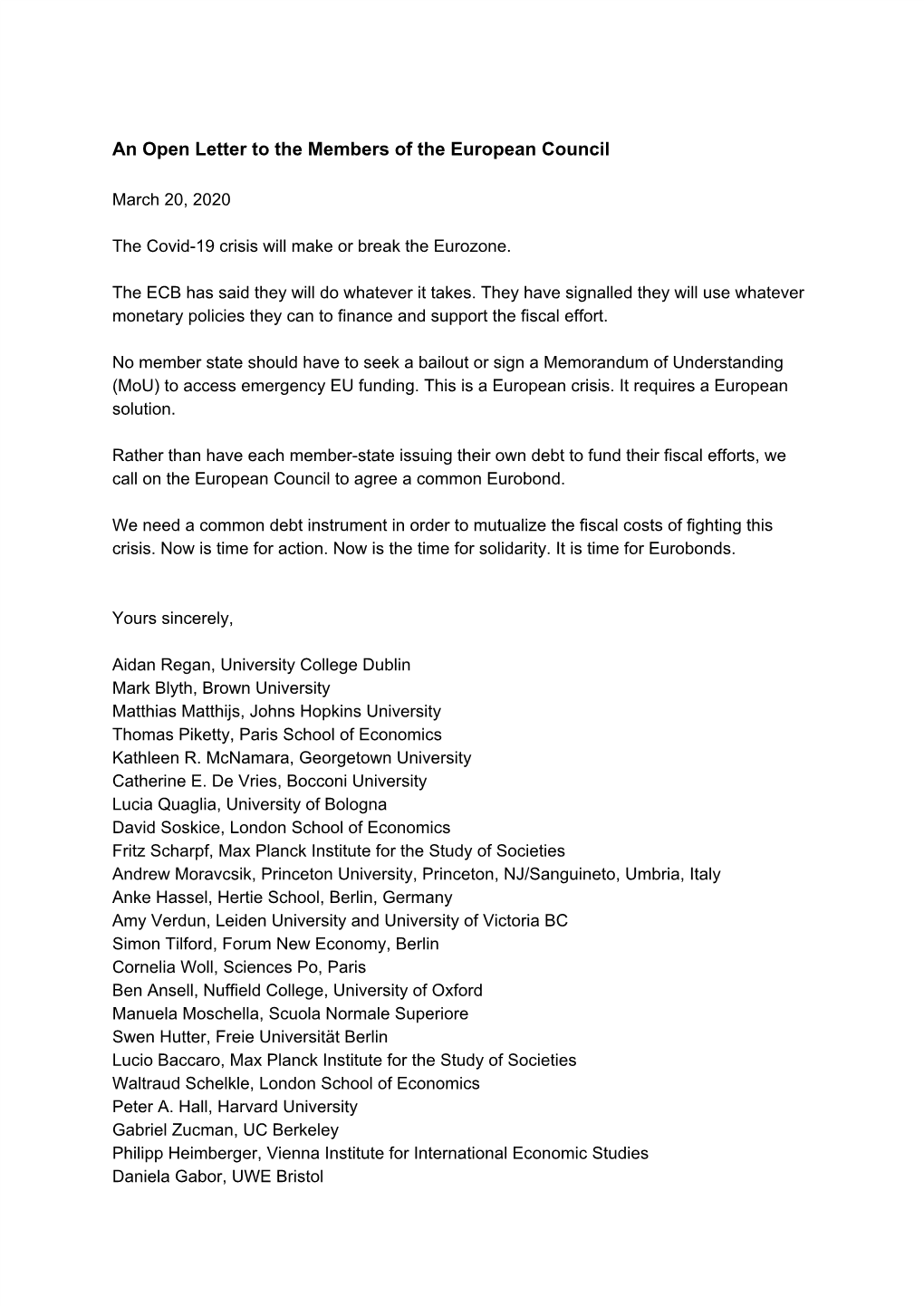 An Open Letter to the Members of the European Council