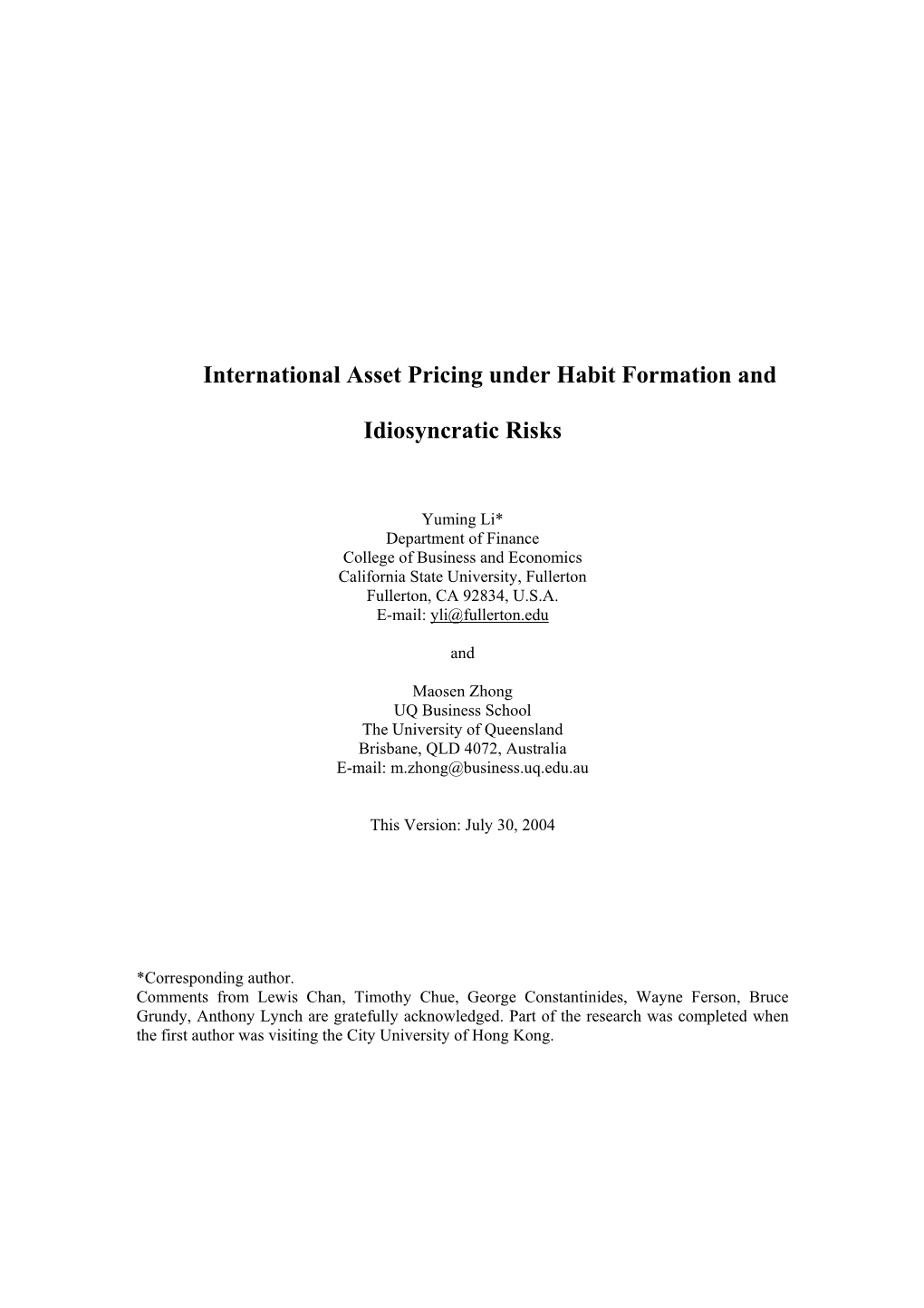 International Asset Pricing Under Habit Formation and Idiosyncratic Risks