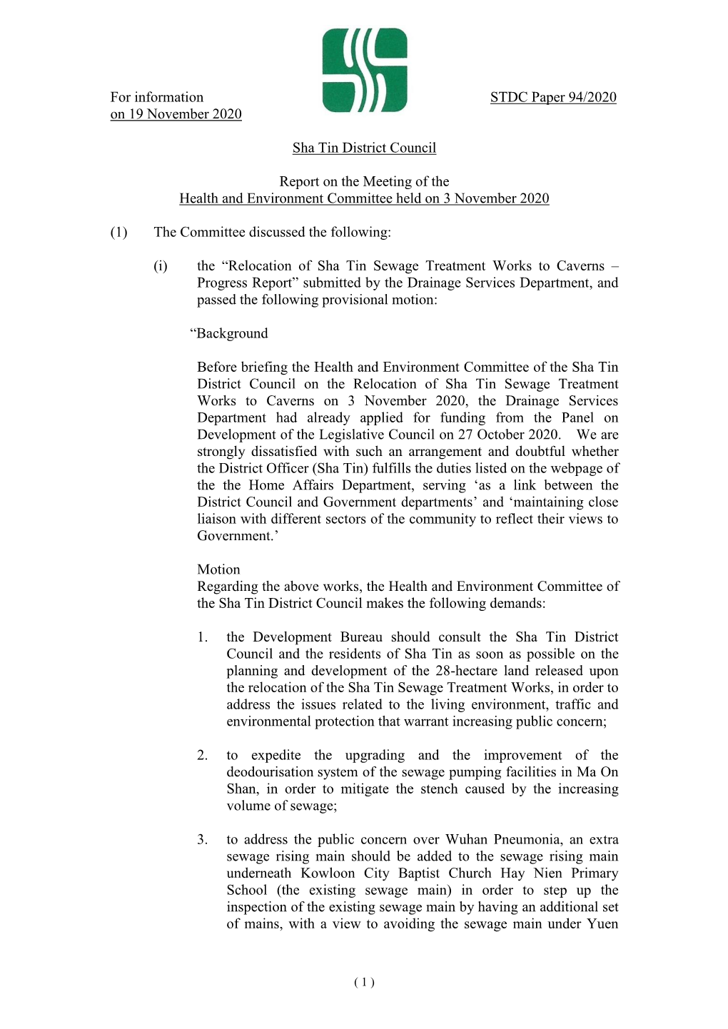 For Information STDC Paper 94/2020 on 19 November 2020 Sha Tin