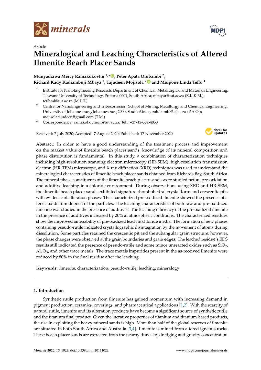 Mineralogical and Leaching Characteristics of Altered Ilmenite Beach Placer Sands