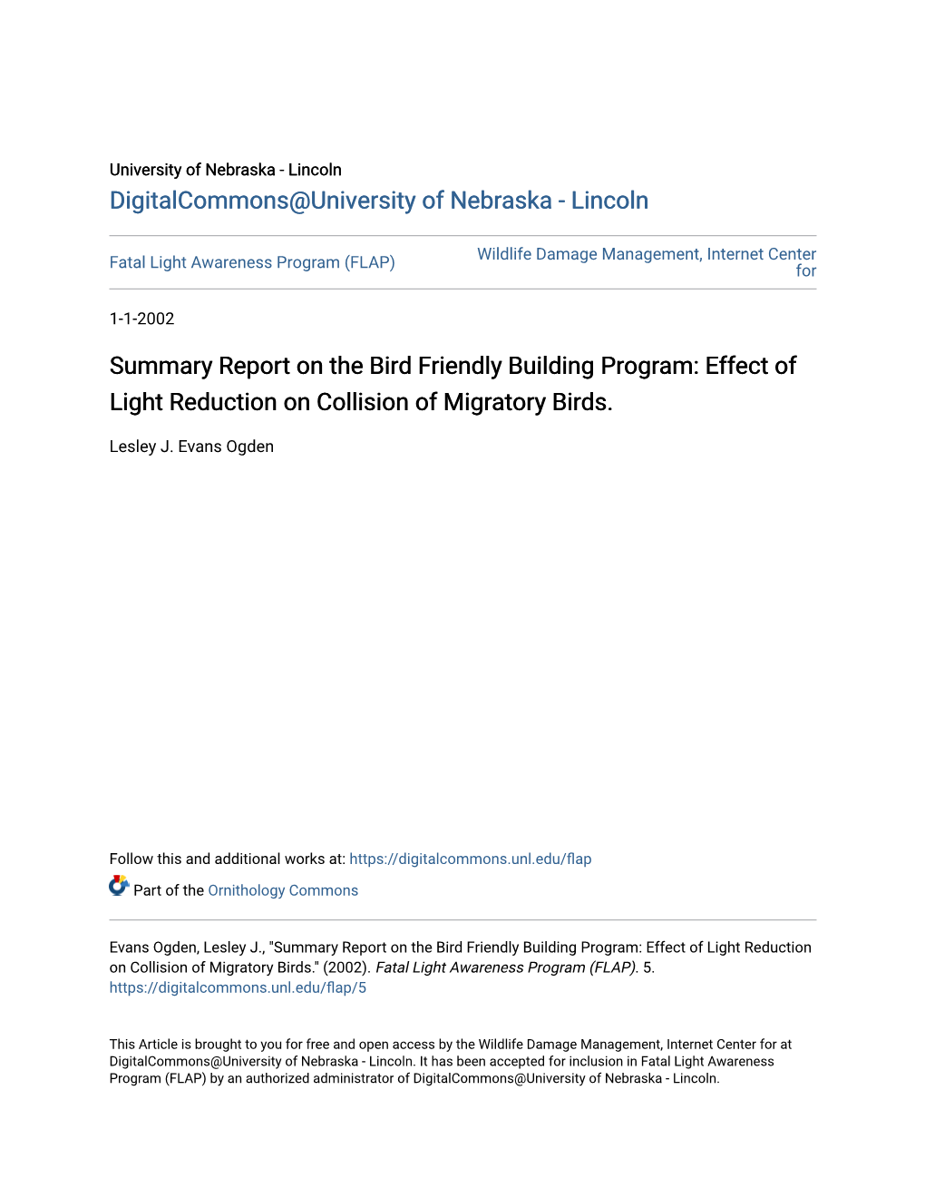 Summary Report on the Bird Friendly Building Program: Effect of Light Reduction on Collision of Migratory Birds