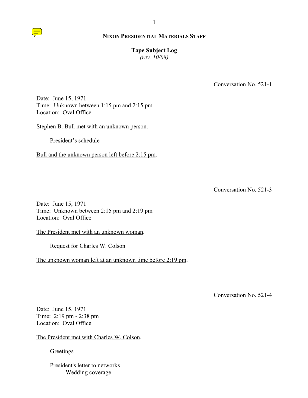 Oval #521: June 15, 1971 [Complete Tape Subject Log]