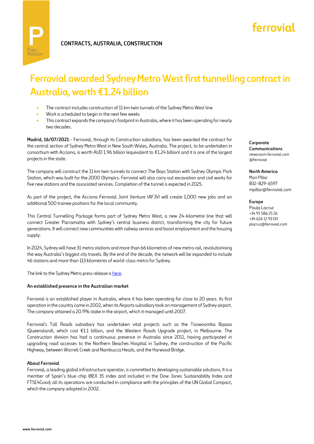 Ferrovial Awarded Sydney Metro West First Tunnelling Contract in Australia, Worth €1.24 Billion