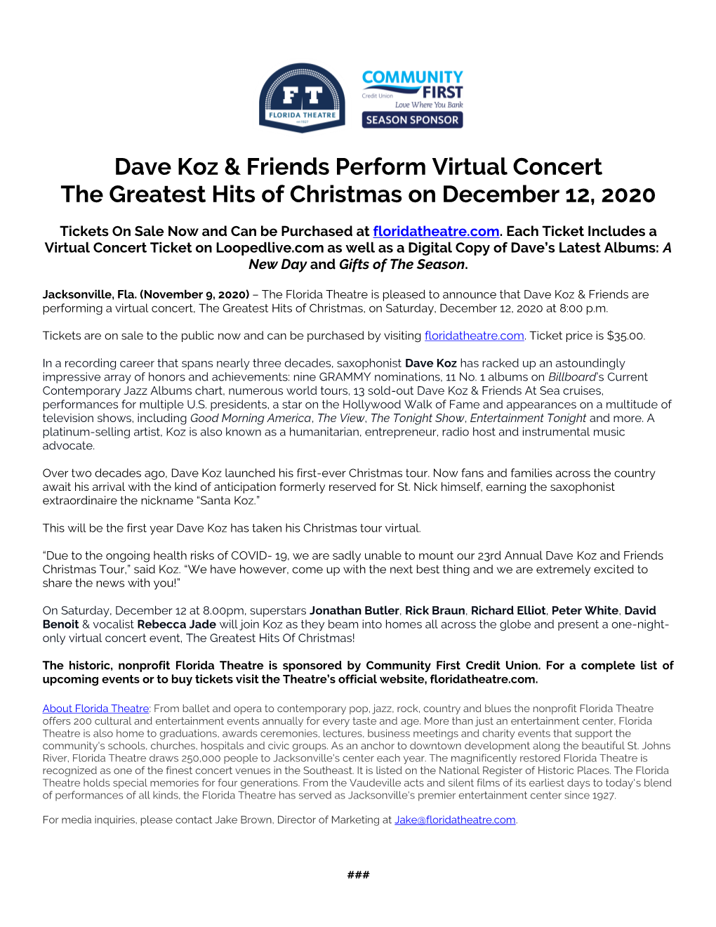 121220 Dave Koz and Friends Virtual Concert Press Release