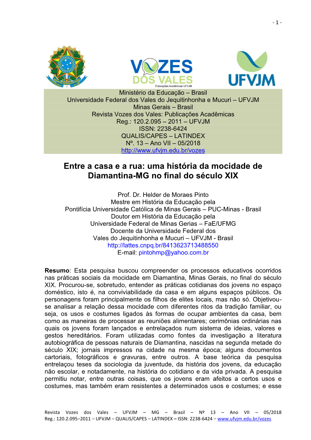 Uma História Da Mocidade De Diamantina-MG No Final Do Século XIX