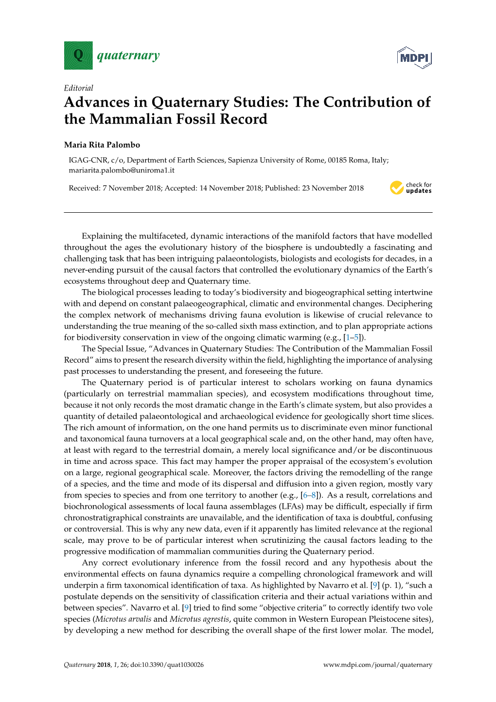 Advances in Quaternary Studies: the Contribution of the Mammalian Fossil Record