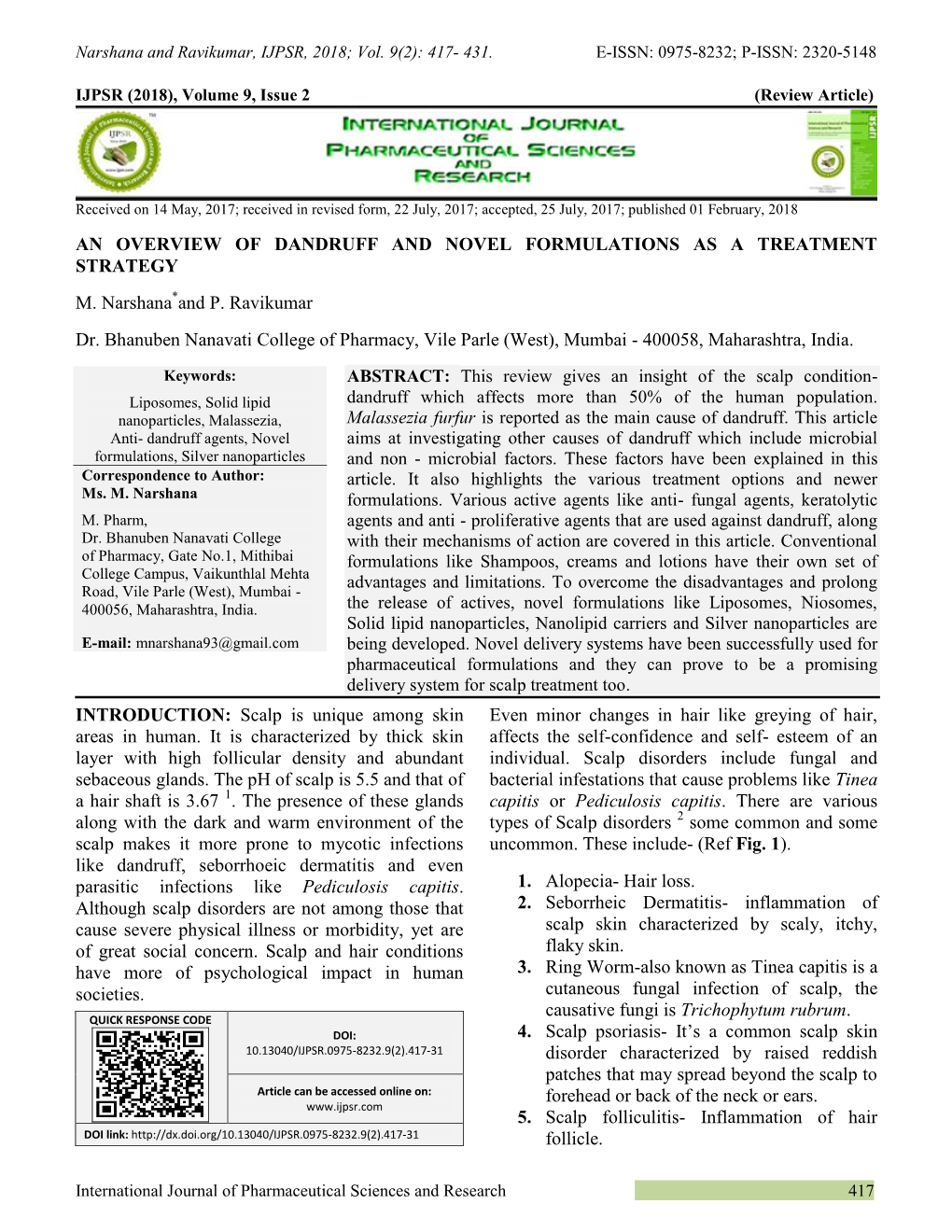 Narshana and Ravikumar, IJPSR, 2018; Vol. 9(2): 417- 431. E-ISSN: 0975-8232; P-ISSN: 2320-5148