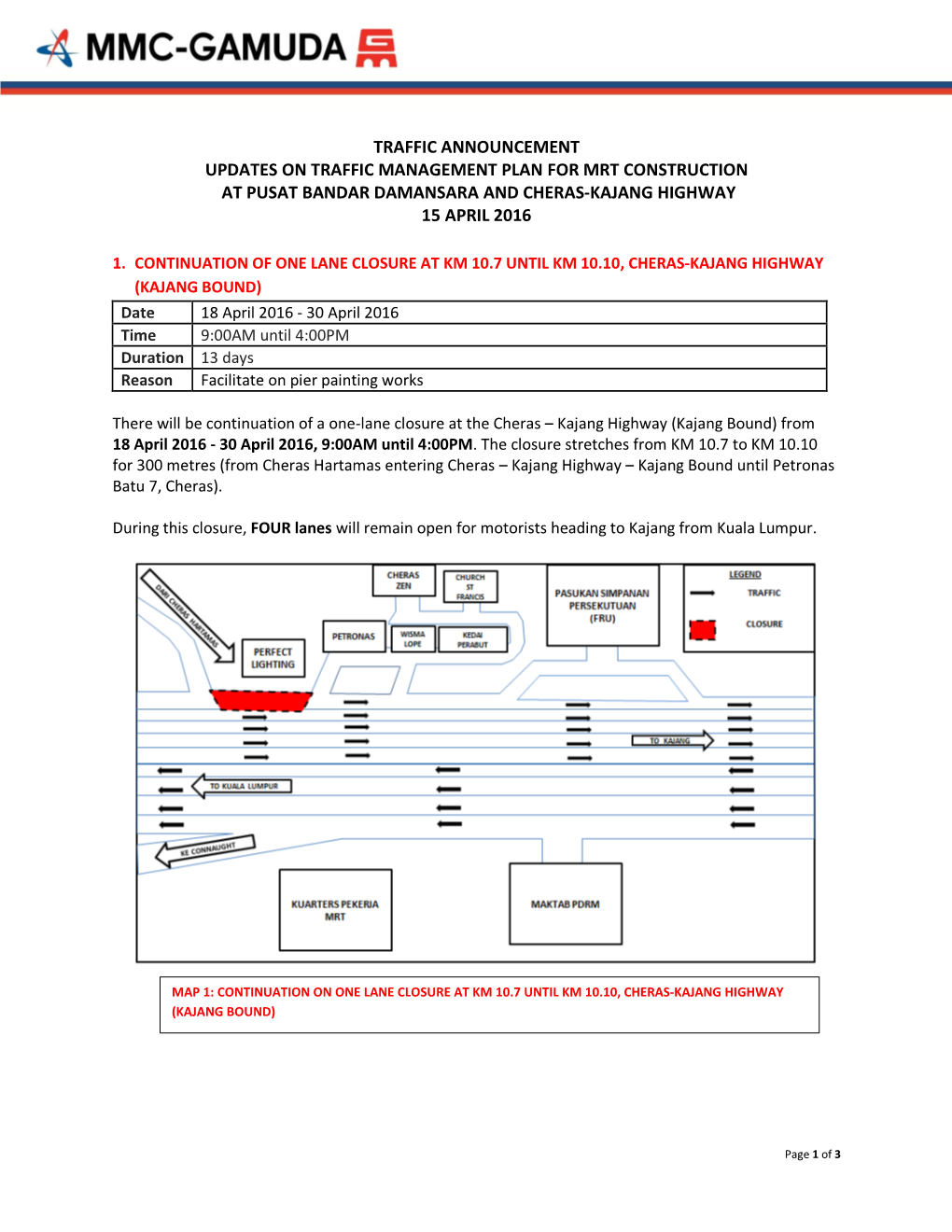 Traffic Announcement Updates on Traffic Management Plan for Mrt Construction at Pusat Bandar Damansara and Cheras-Kajang Highway 15 April 2016