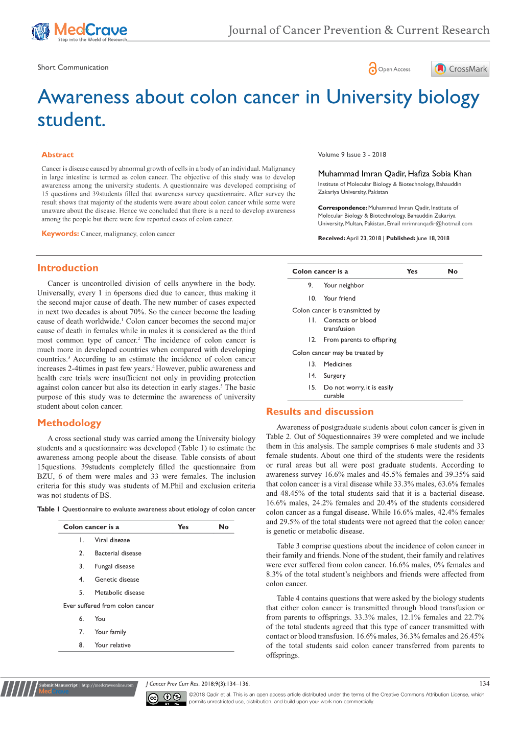 Awareness About Colon Cancer in University Biology Student