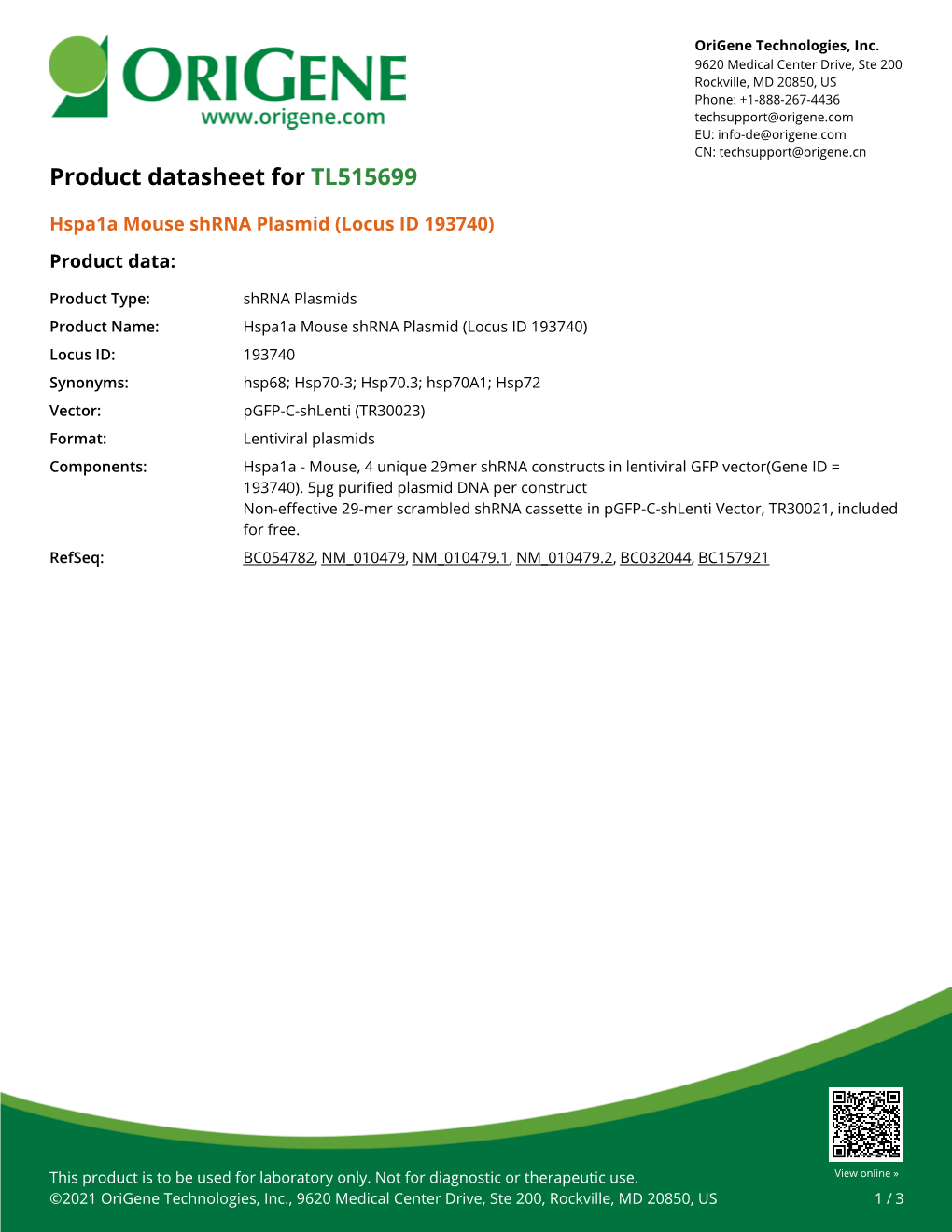Hspa1a Mouse Shrna Plasmid (Locus ID 193740) Product Data