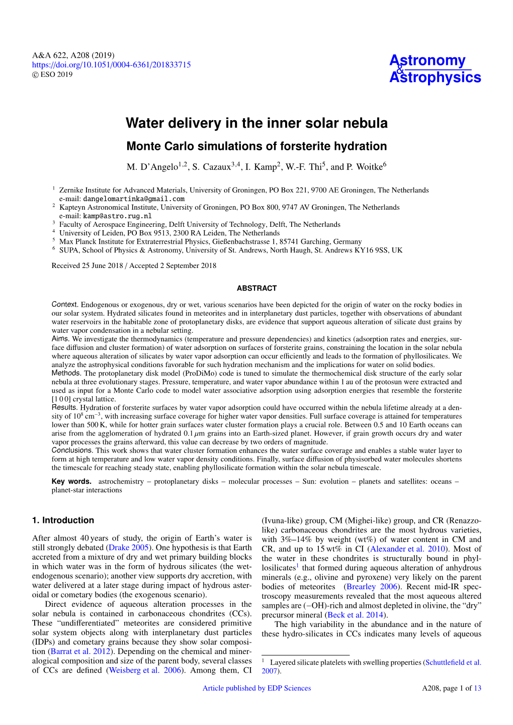 Water Delivery in the Inner Solar Nebula Monte Carlo Simulations of Forsterite Hydration
