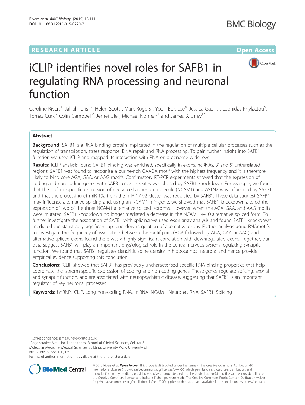 Iclip Identifies Novel Roles for SAFB1 in Regulating RNA Processing and Neuronal Function