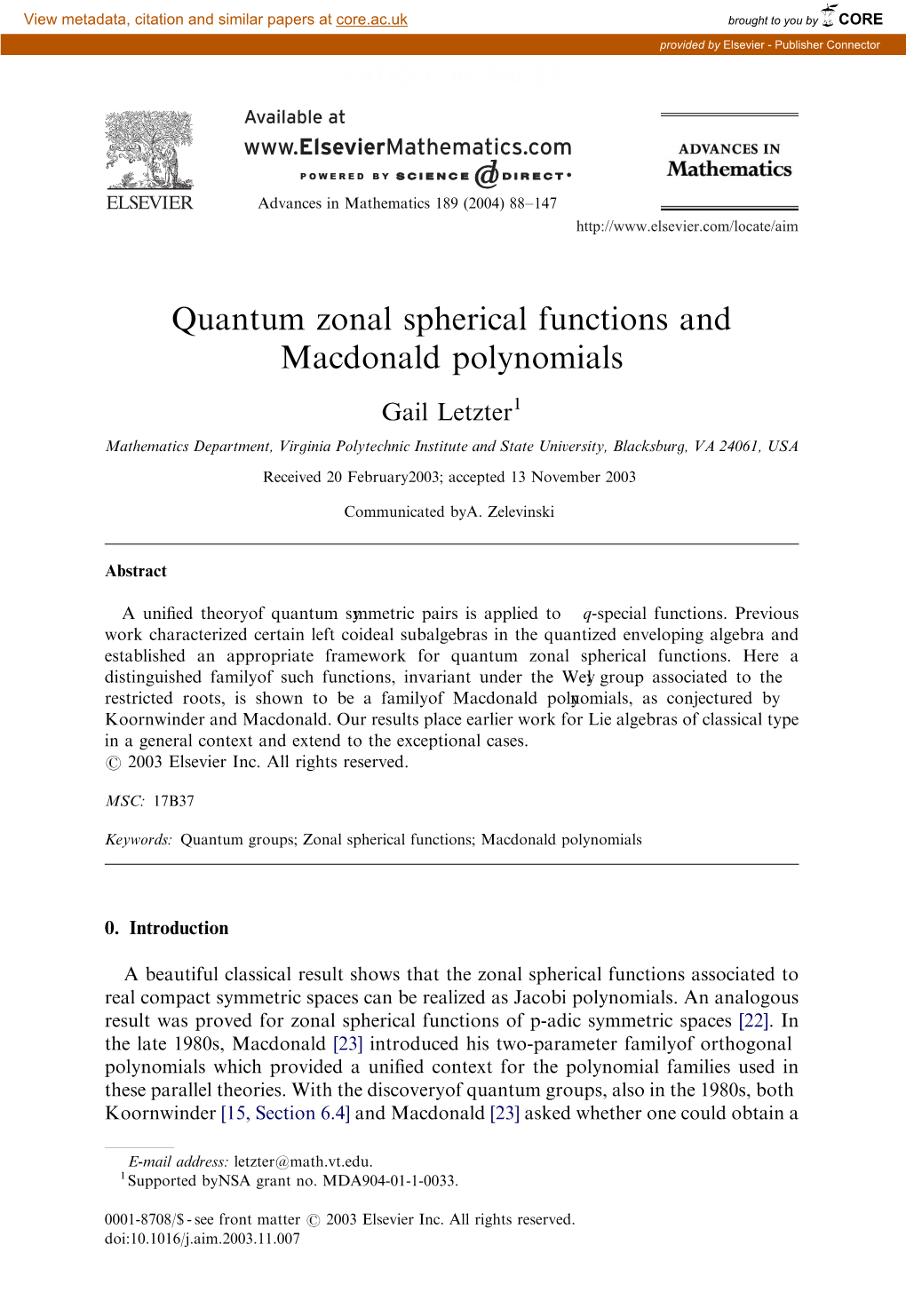 Quantum Zonal Spherical Functions and Macdonald Polynomials