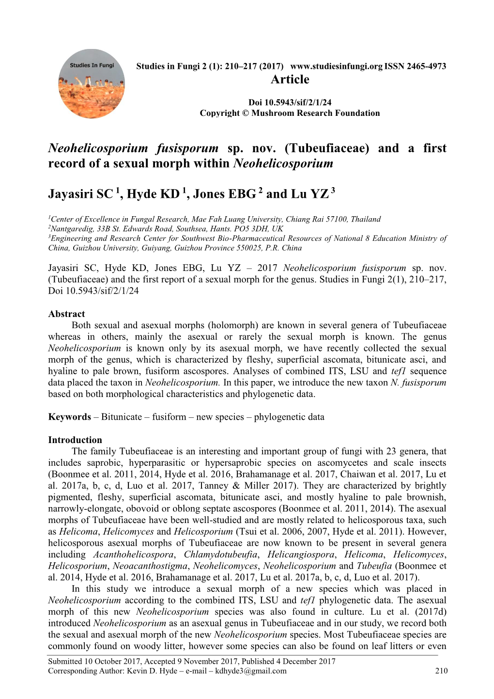 Neohelicosporium Fusisporum Sp. Nov. (Tubeufiaceae) and a First Record of a Sexual Morph Within Neohelicosporium