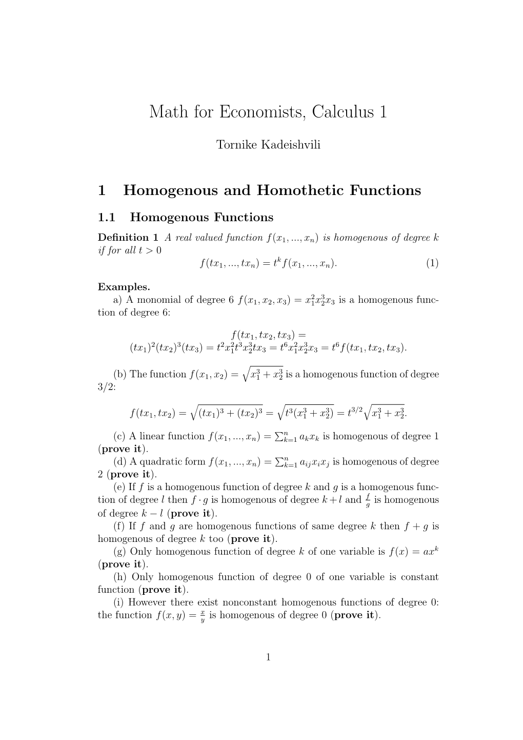 Math for Economists, Calculus 1