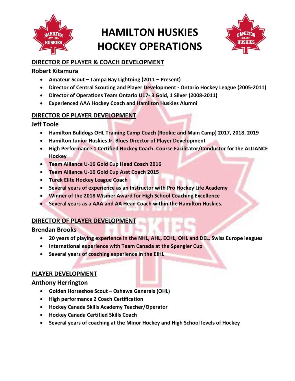 Hamilton Huskies Hockey Operations