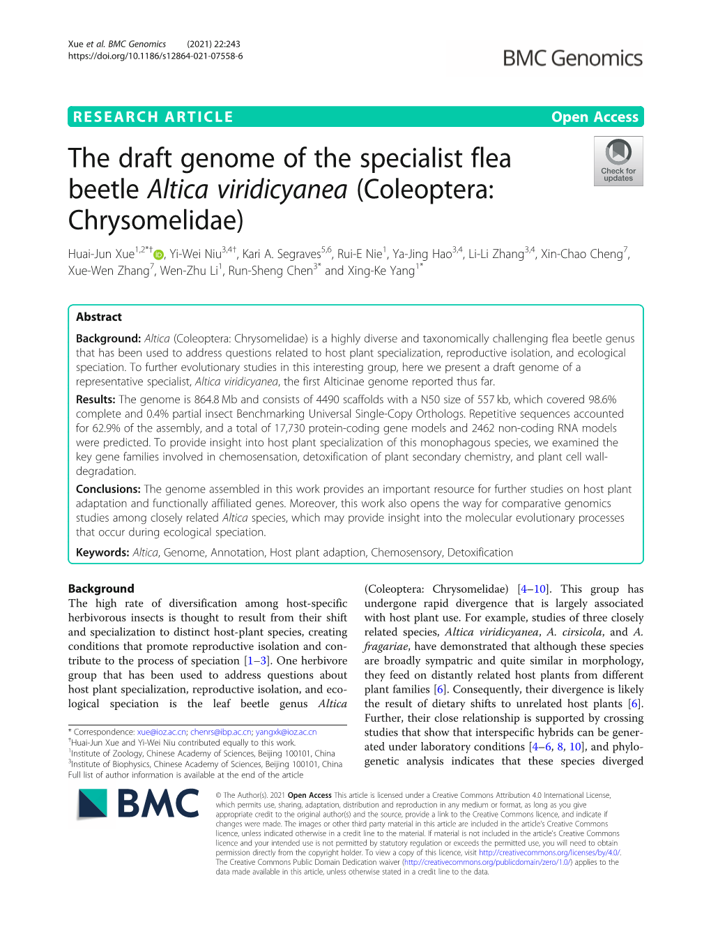 The Draft Genome of the Specialist Flea Beetle Altica Viridicyanea (Coleoptera: Chrysomelidae) Huai-Jun Xue1,2*† , Yi-Wei Niu3,4†, Kari A