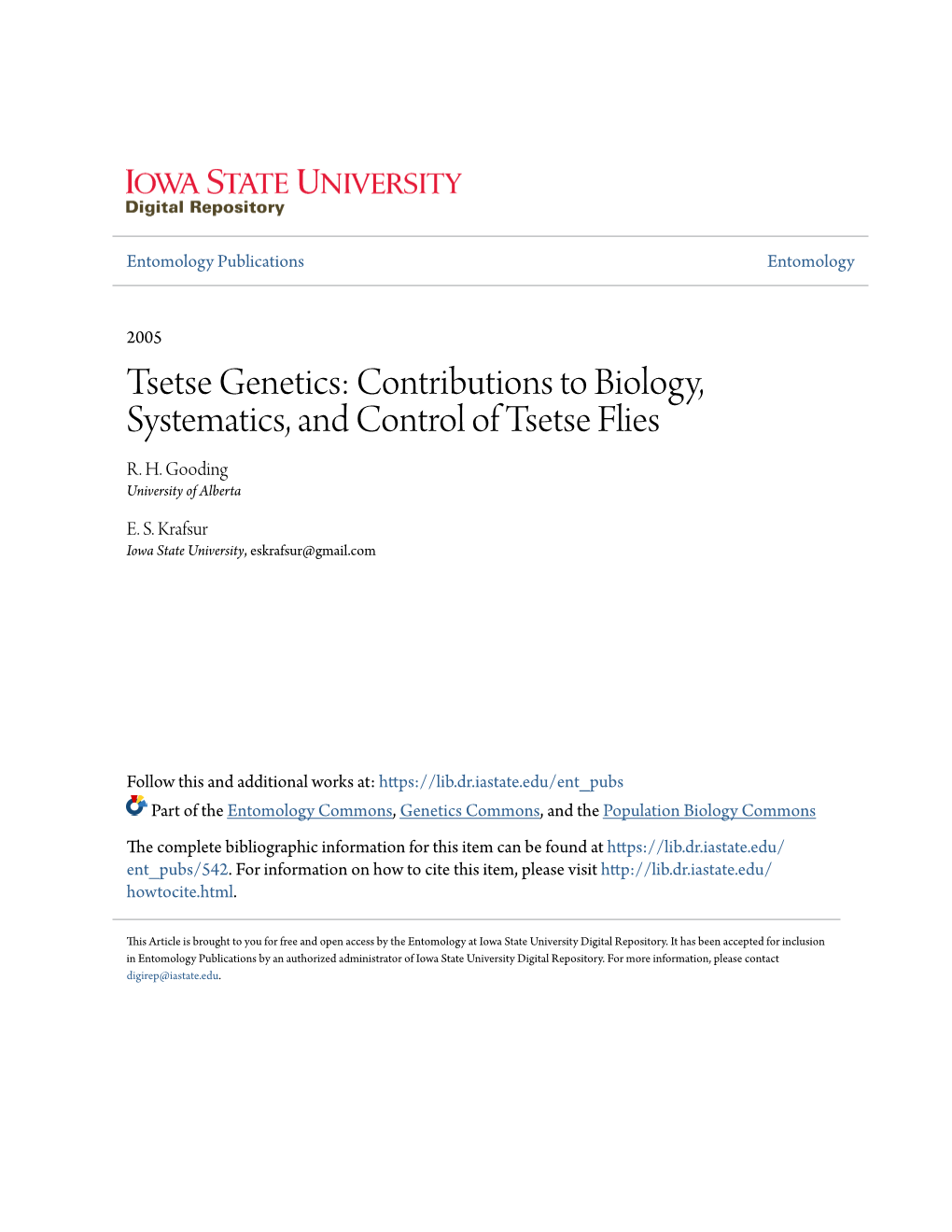 Contributions to Biology, Systematics, and Control of Tsetse Flies R