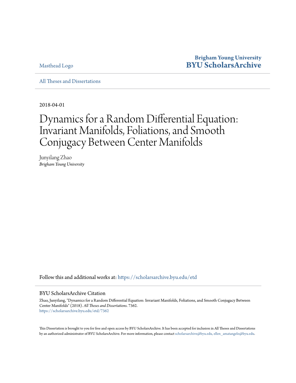 Invariant Manifolds, Foliations, and Smooth Conjugacy Between Center Manifolds Junyilang Zhao Brigham Young University