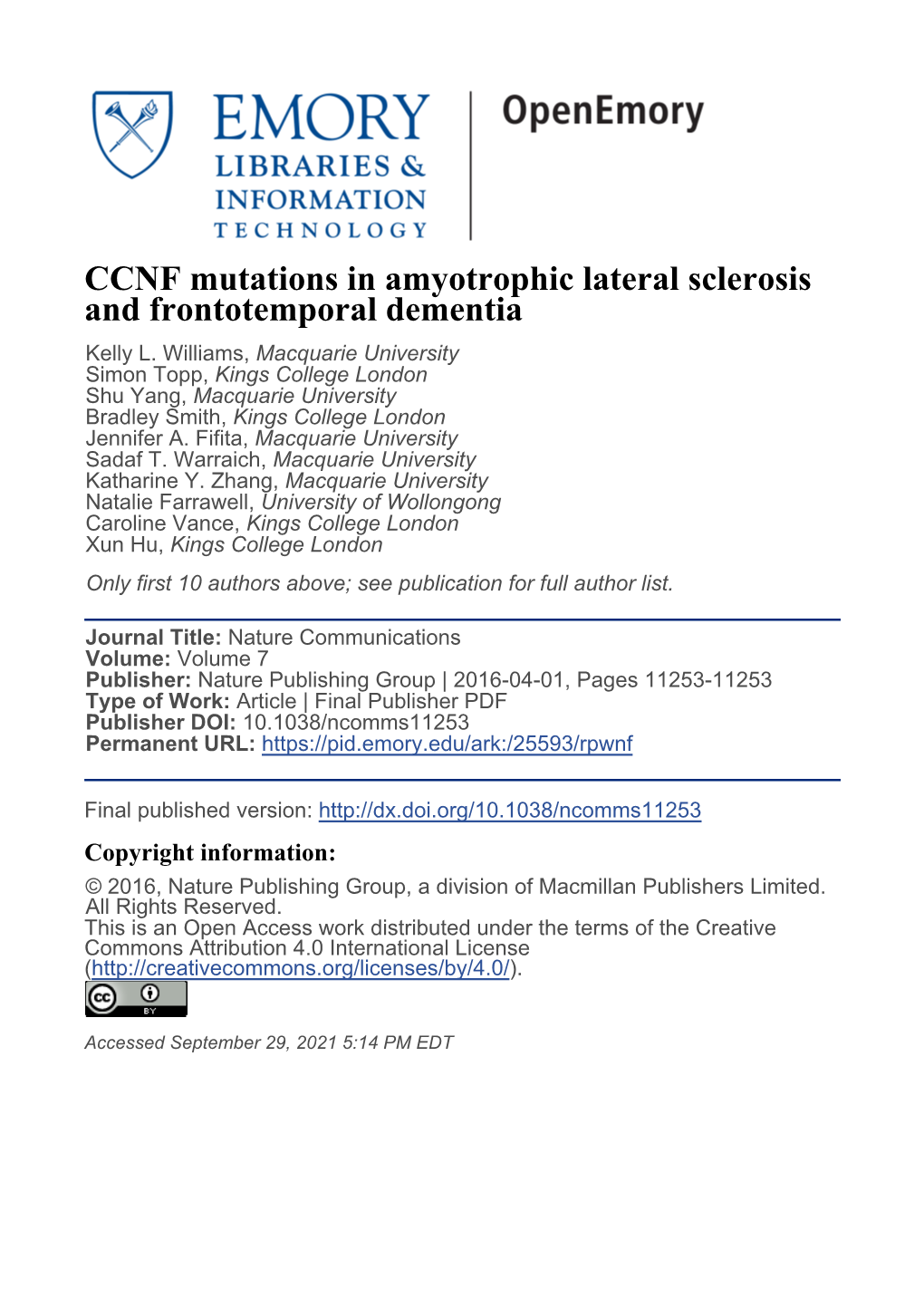 CCNF Mutations in Amyotrophic Lateral Sclerosis and Frontotemporal Dementia Kelly L