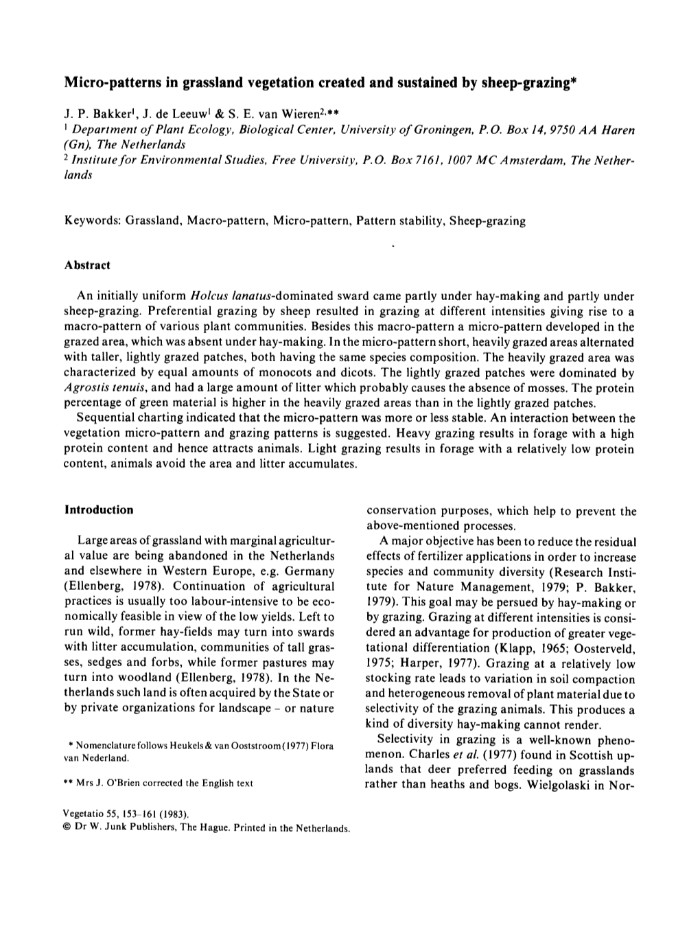 Micro-Patterns in Grassland Vegetation Created and Sustained by Sheep-Grazing*