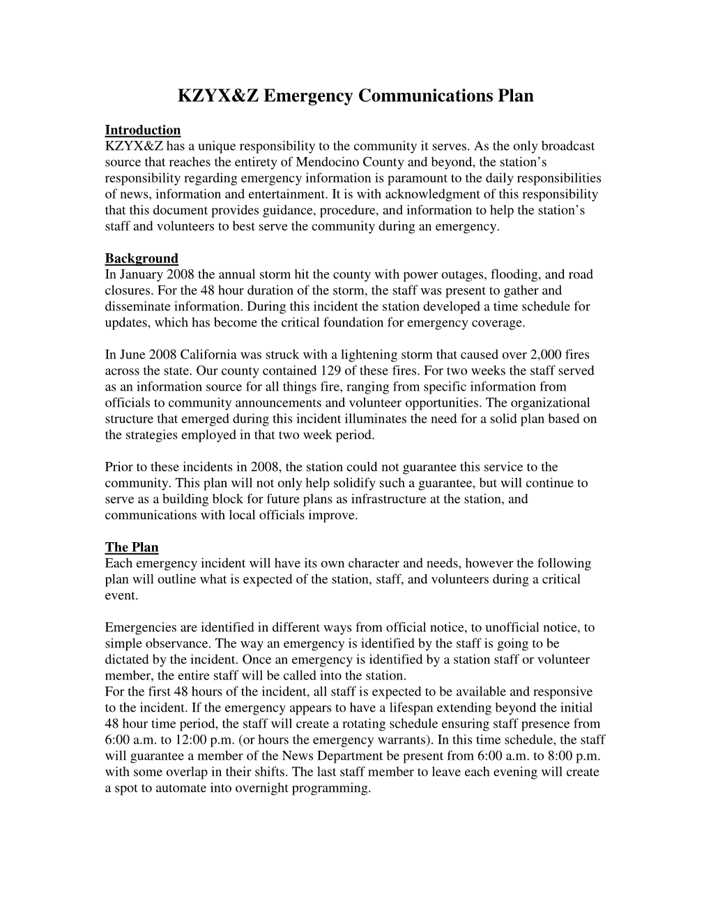 KZYX&Z Emergency Communications Plan