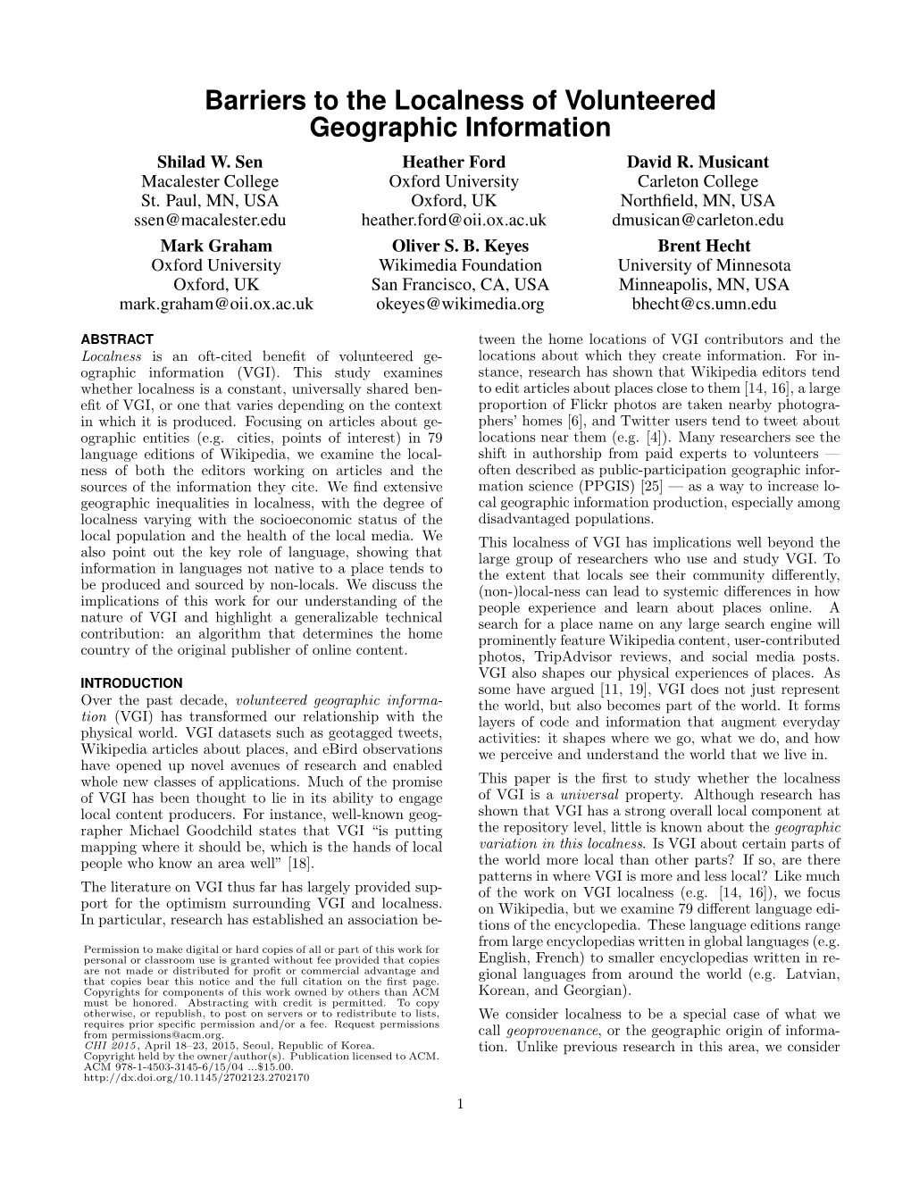 Barriers to the Localness of Volunteered Geographic Information Shilad W