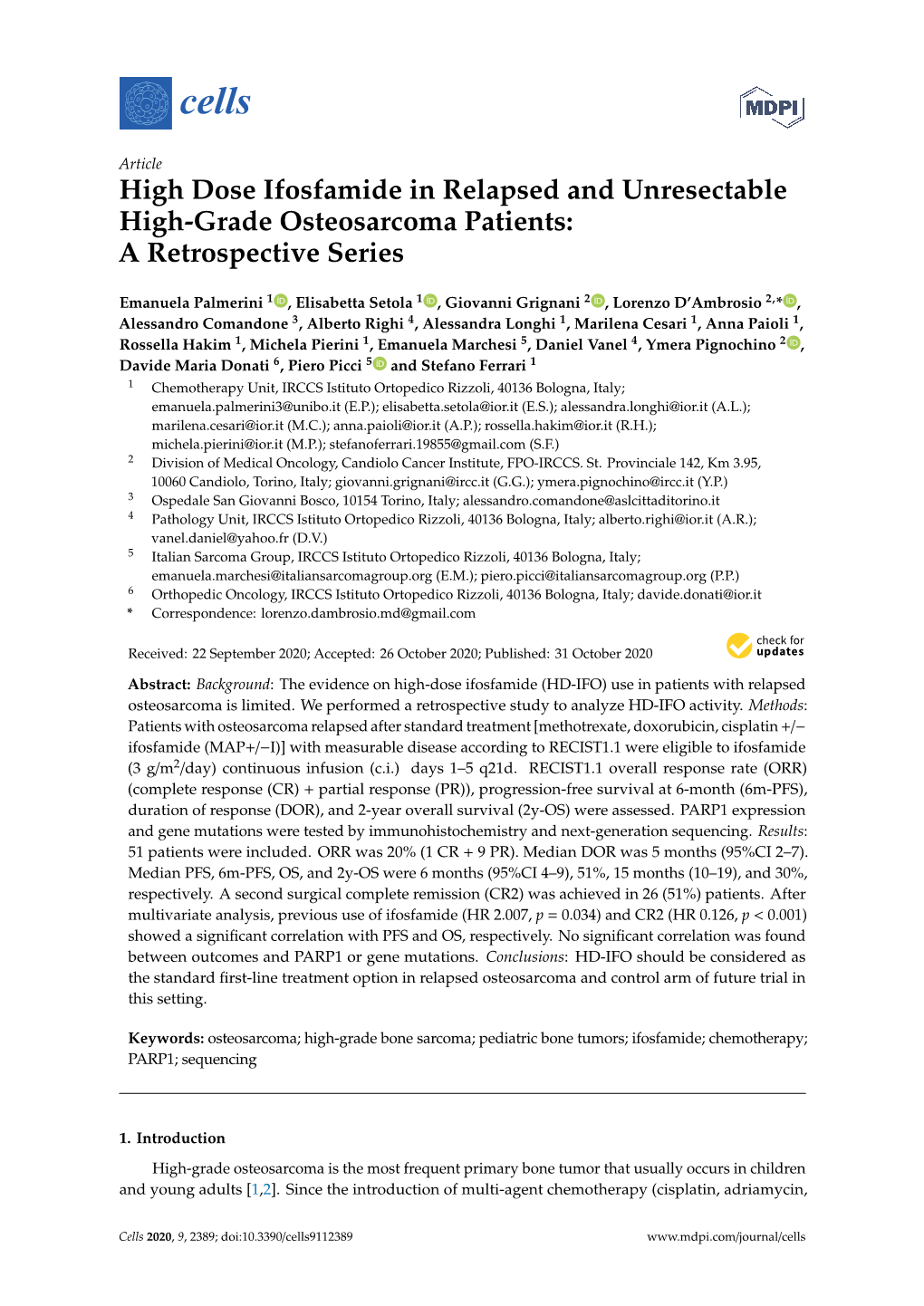 High Dose Ifosfamide in Relapsed and Unresectable High-Grade Osteosarcoma Patients: a Retrospective Series