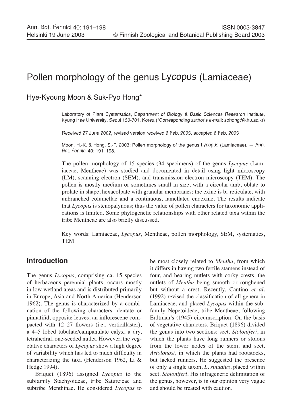 Pollen Morphology of the Genus Lycopus (Lamiaceae)