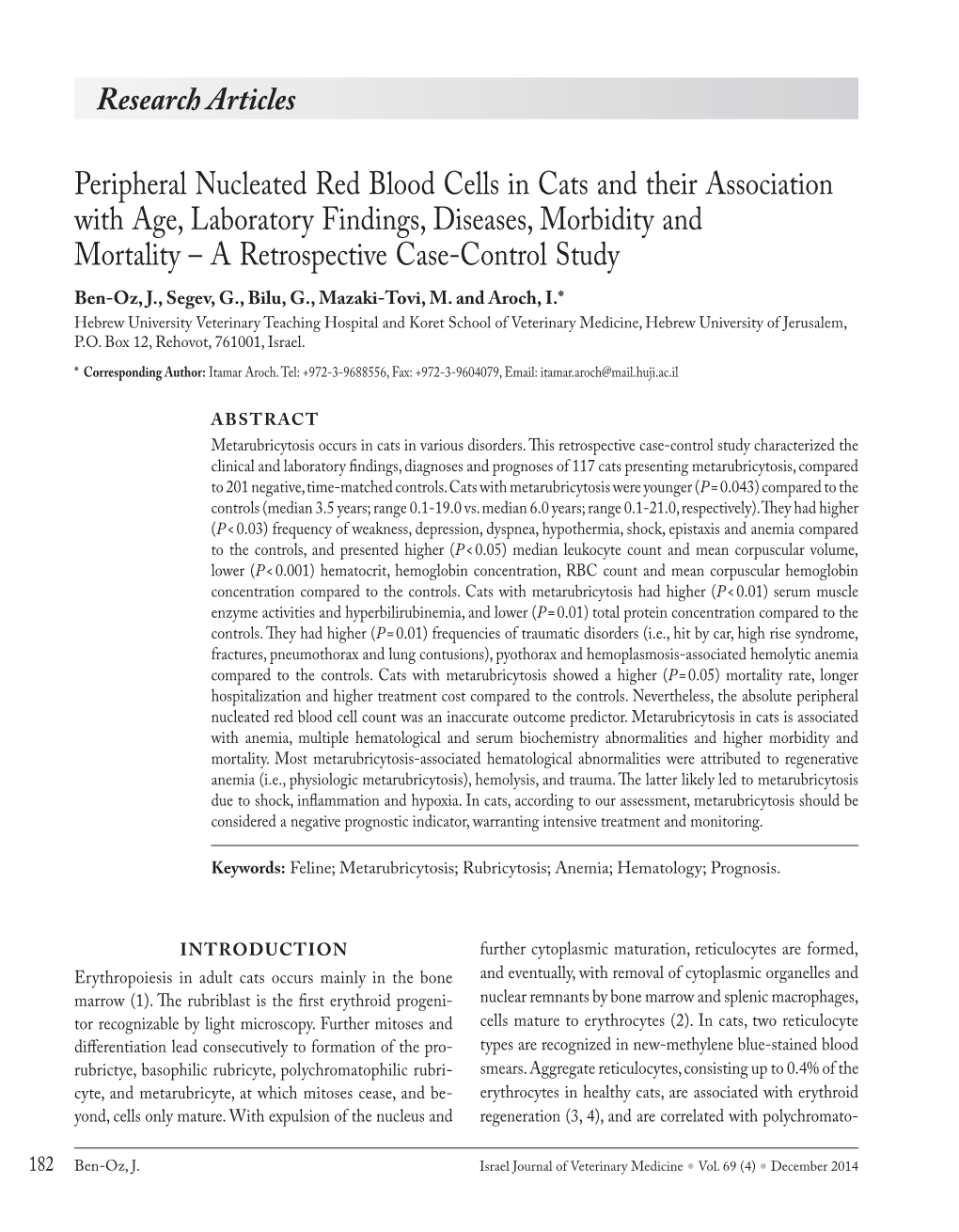 Peripheral Nucleated Red Blood Cells in Cats and Their Association With