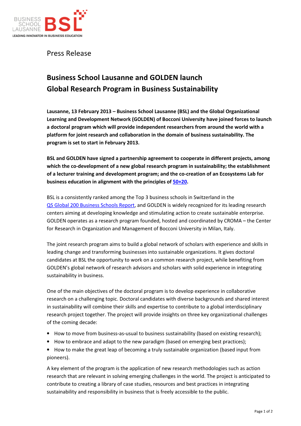 Press Release Business School Lausanne and GOLDEN Launch