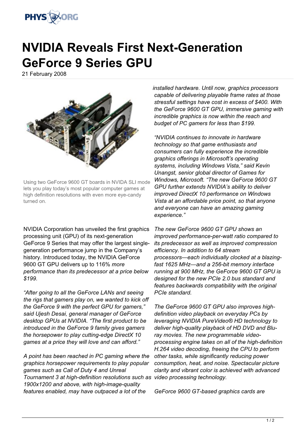 NVIDIA Reveals First Next-Generation Geforce 9 Series GPU 21 February 2008