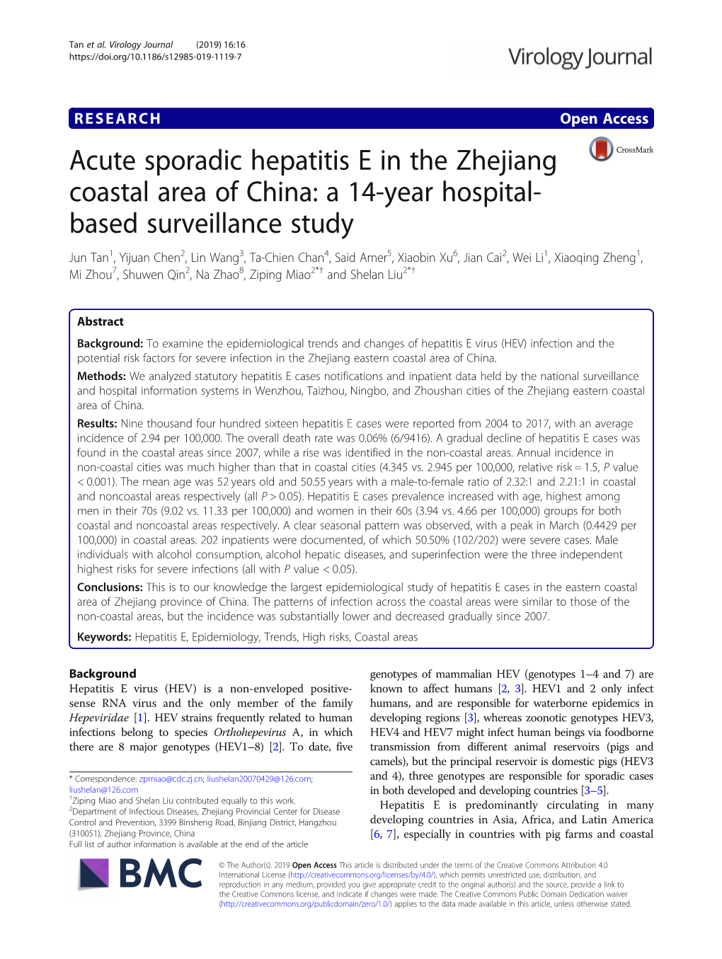 Acute Sporadic Hepatitis E in the Zhejiang Coastal Area of China